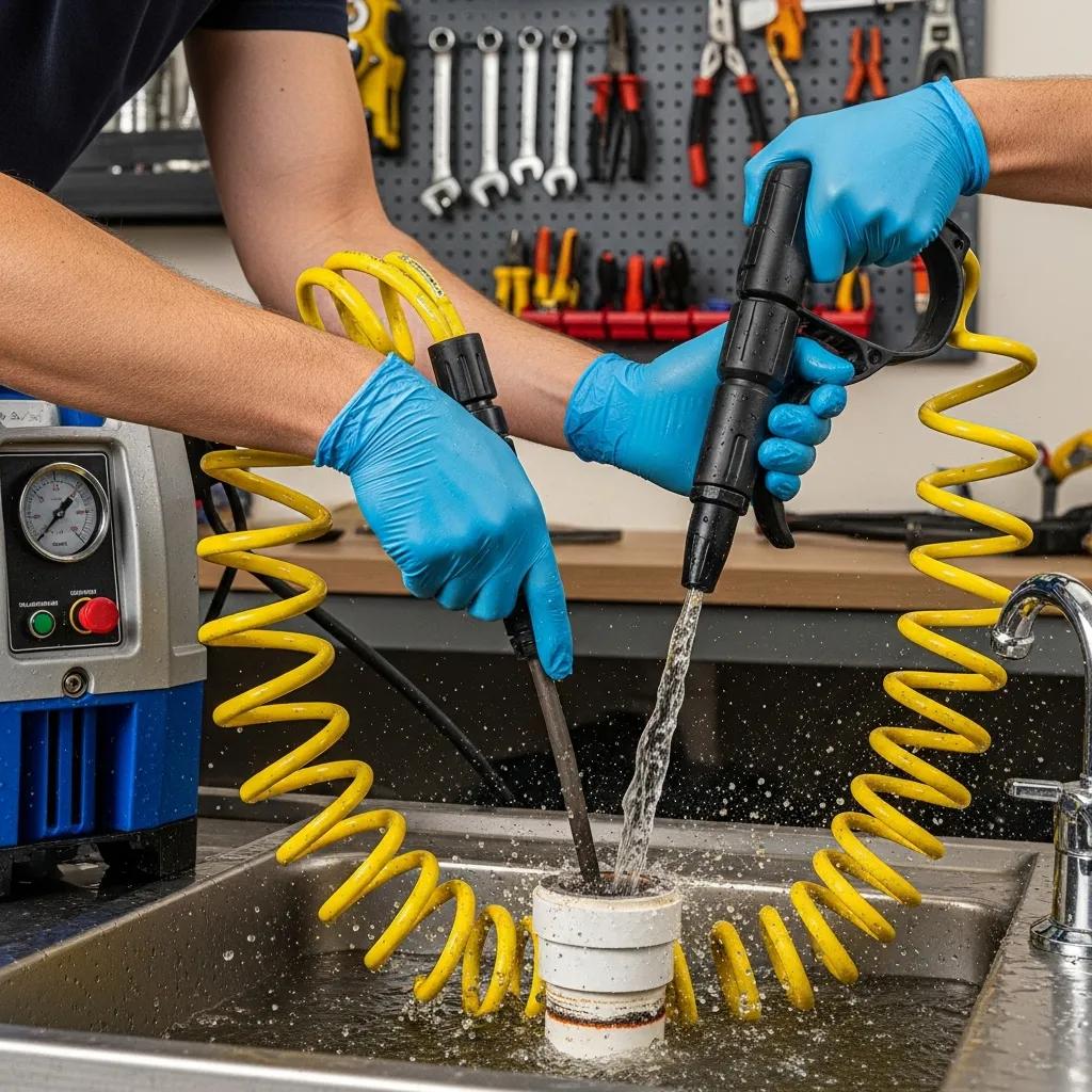 Plumber using hydro jetting technology for drain cleaning, showcasing advanced plumbing services