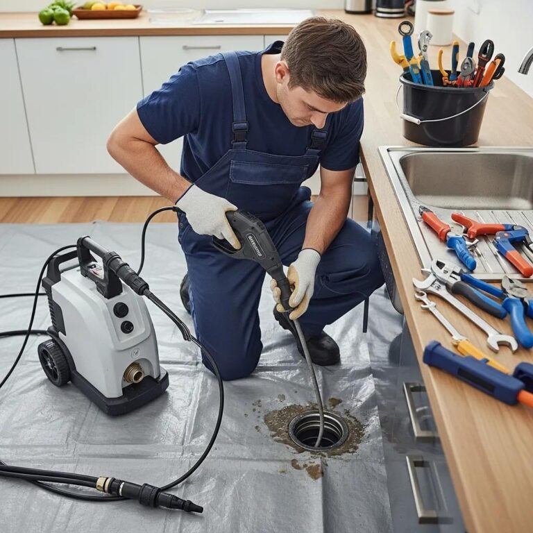 Professional plumber addressing a clogged drain in Chesterfield with tools and equipment