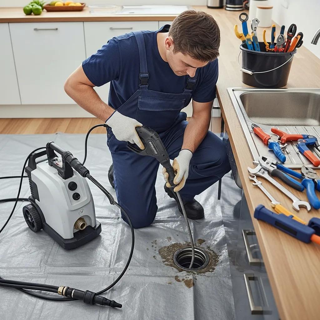 Professional plumber addressing a clogged drain in Chesterfield with tools and equipment