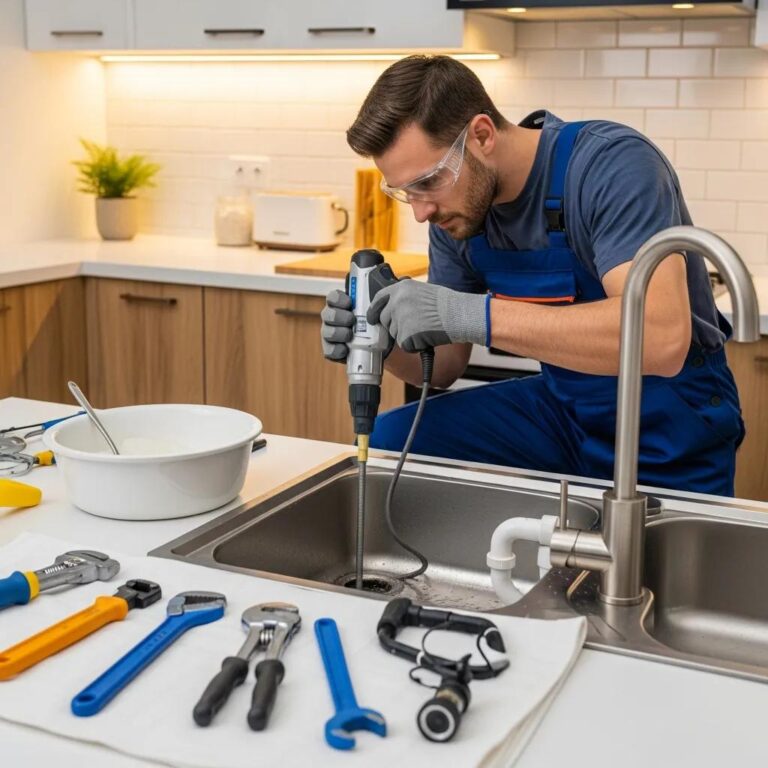 Professional plumber clearing a clogged kitchen drain with advanced tools
