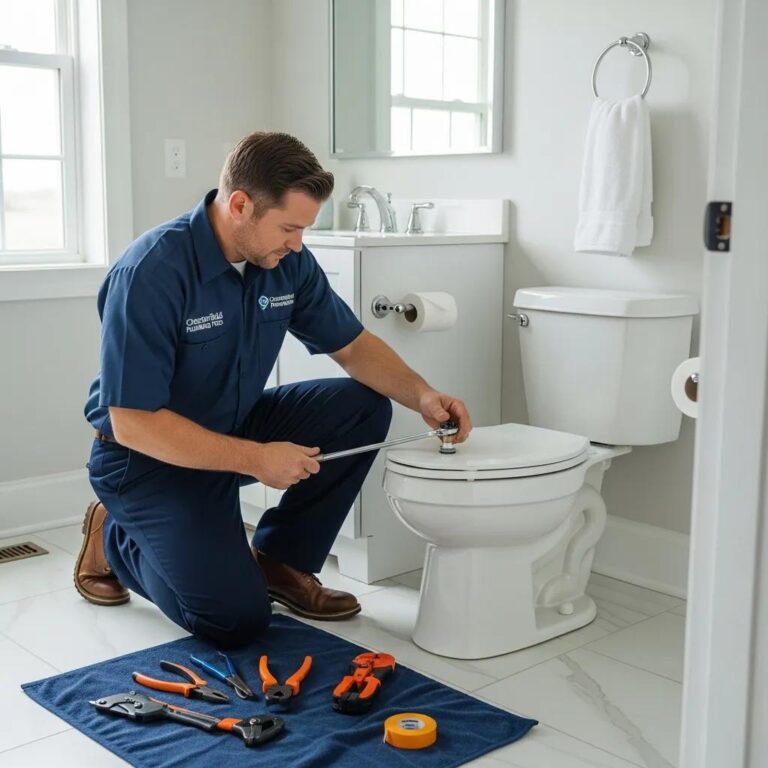 Professional plumber repairing a toilet in a Chesterfield bathroom
