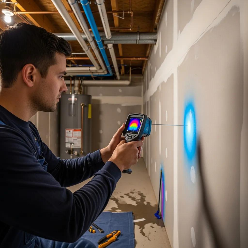 Professional plumber using thermal imaging technology for leak detection in a home