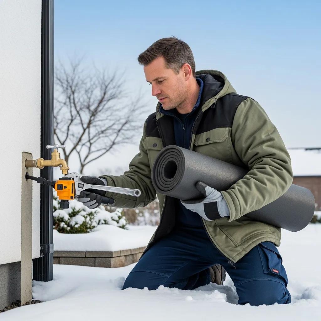 Professional plumber winterizing outdoor faucet with insulation material in snowy setting, showcasing expertise in preventing frozen pipes.