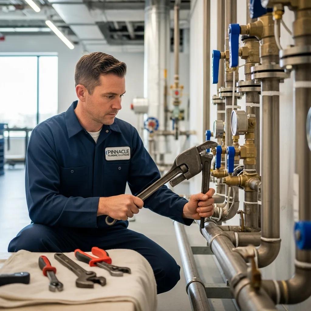 Professional plumber working on commercial plumbing systems in a business environment