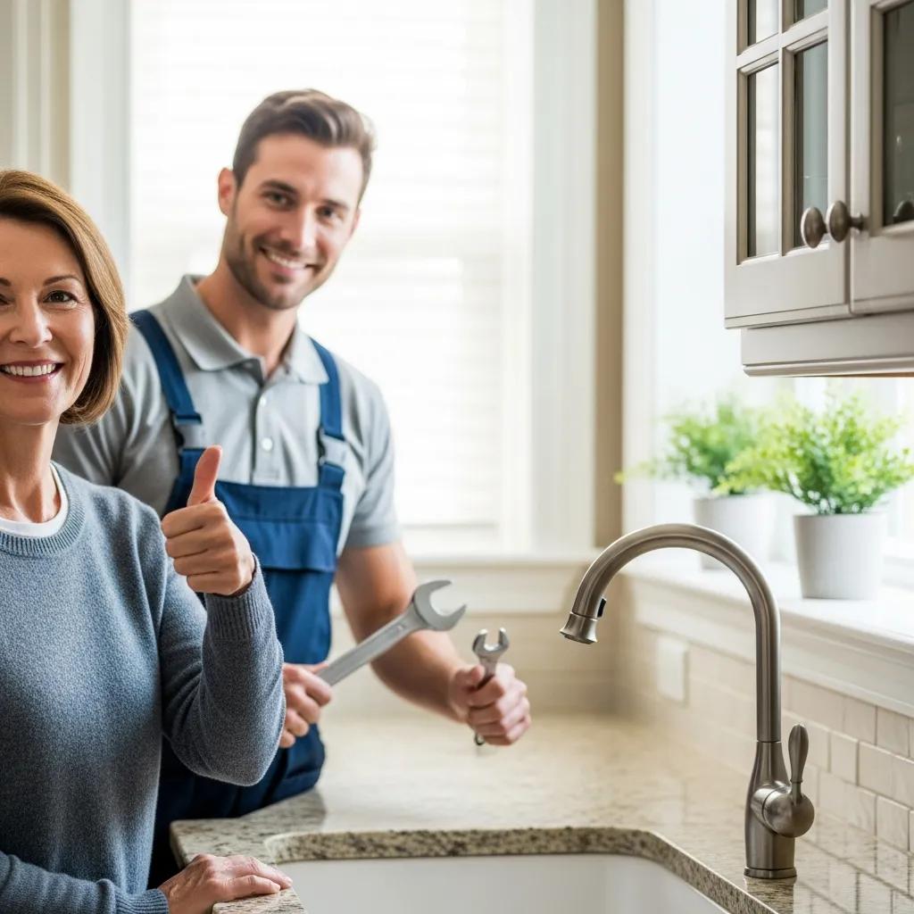 Satisfied customer giving a thumbs up next to a plumber holding wrenches in a kitchen, highlighting Frost & Kretsch Plumbing's emergency service satisfaction in Chesterfield.