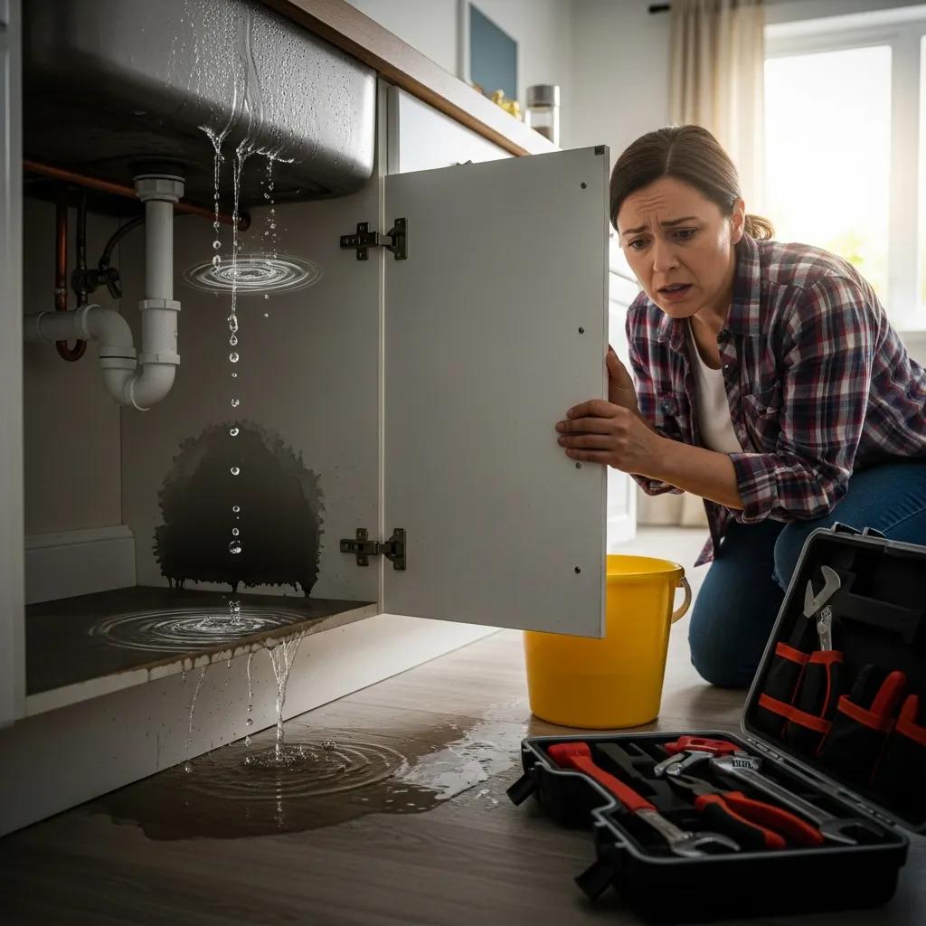 Woman inspecting under kitchen sink with leaking water, visible water stains, and plumbing tools nearby, illustrating urgent plumbing issue.