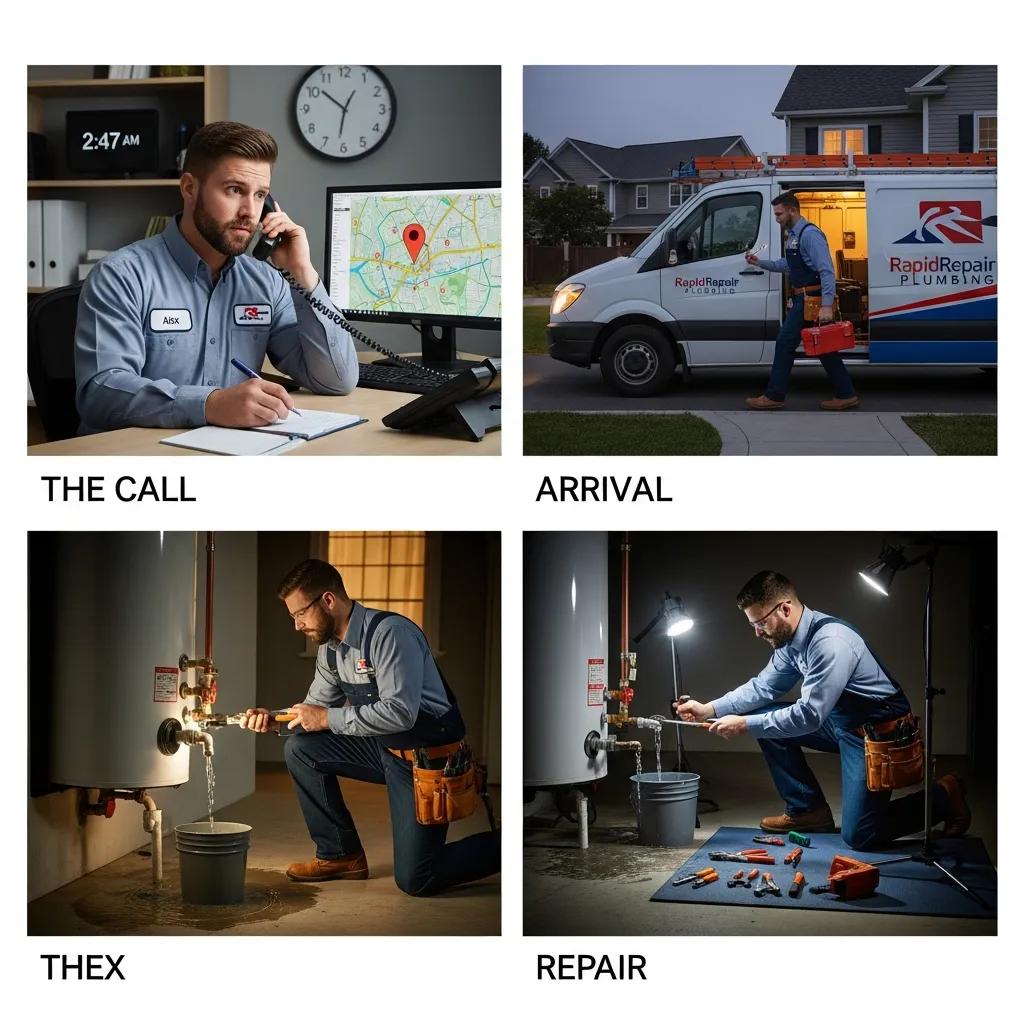Step-by-step process of emergency plumbing service from call to repair, showcasing technicians in action