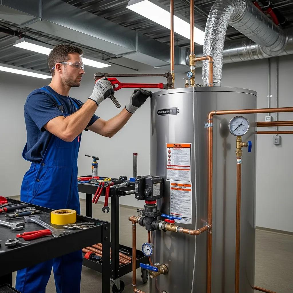Technician installing a commercial water heater in a utility room, using a wrench, surrounded by plumbing tools and equipment, emphasizing professional water heater services for businesses in Chesterfield.