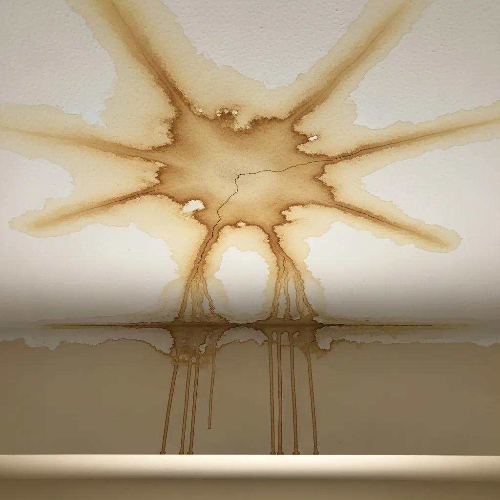 Visible water stains on a ceiling indicating a plumbing emergency