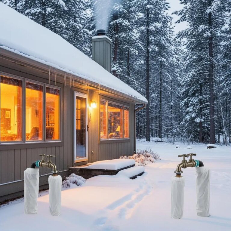 Winterized outdoor faucets in a snowy Michigan landscape, emphasizing home protection against freezing temperatures