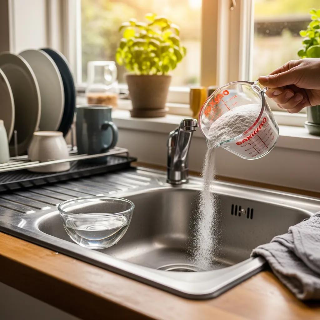 Baking soda being poured into a kitchen sink, illustrating a natural remedy for drain maintenance alongside a bowl of water, reflecting DIY plumbing solutions for preventing clogs.