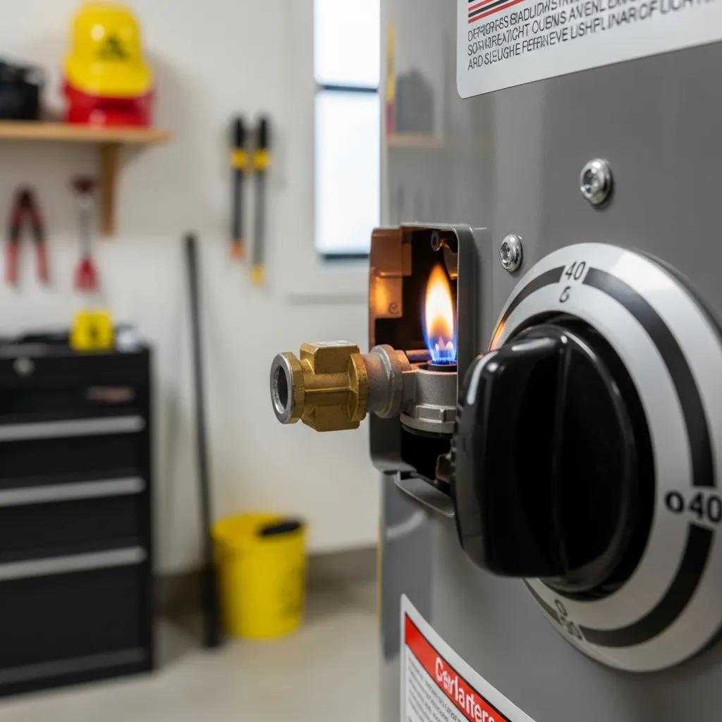 Close view of a gas water heater pilot light and control knob