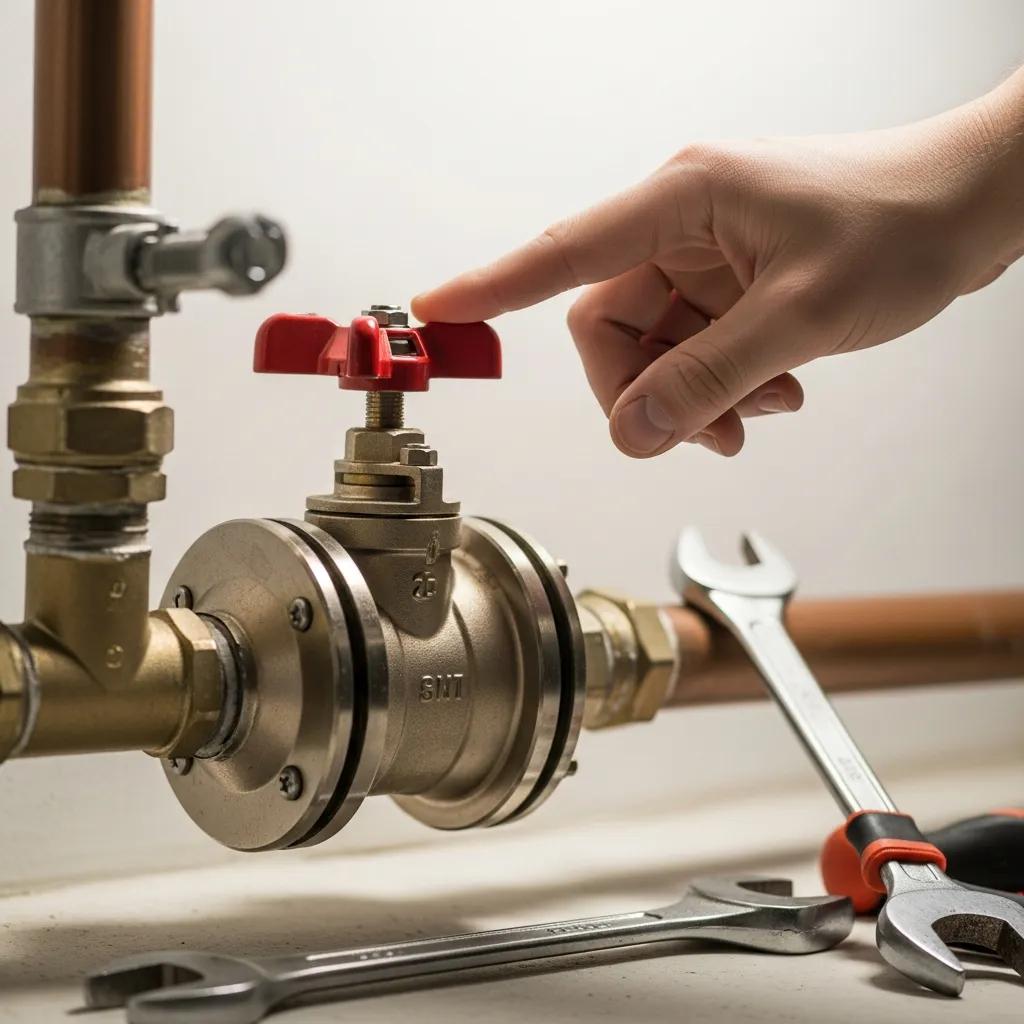 Close-up of a hand turning off a red main water shut-off valve in a basement, with plumbing tools nearby, illustrating emergency plumbing procedures for burst pipe situations.