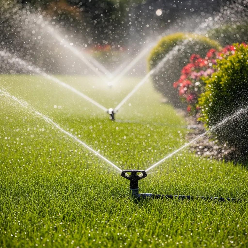 Healthy lawn and sprinkler in use — irrigation repair improves coverage and water efficiency