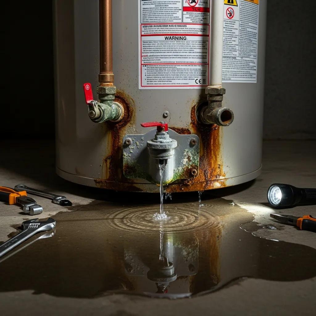 Close-up of a leaking water heater showing corrosion and water pooling that needs prompt attention