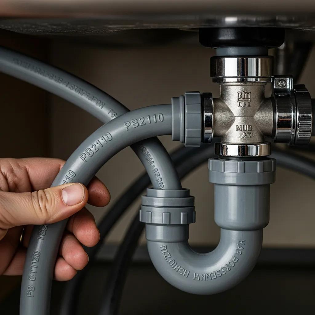 Close-up of flexible polybutylene pipes with visible “PB2110” markings, being inspected under a sink, highlighting potential plumbing issues related to aging polybutylene plumbing systems.