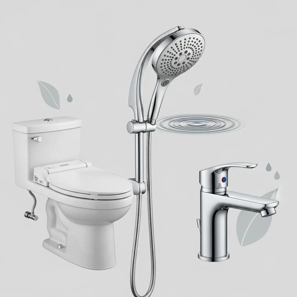 Assortment of water-saving fixtures such as low-flow toilets and efficient showerheads highlighting conservation