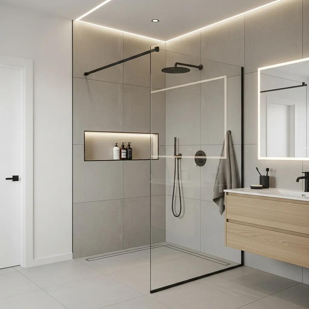 Frameless glass walk-in shower with large-format tile