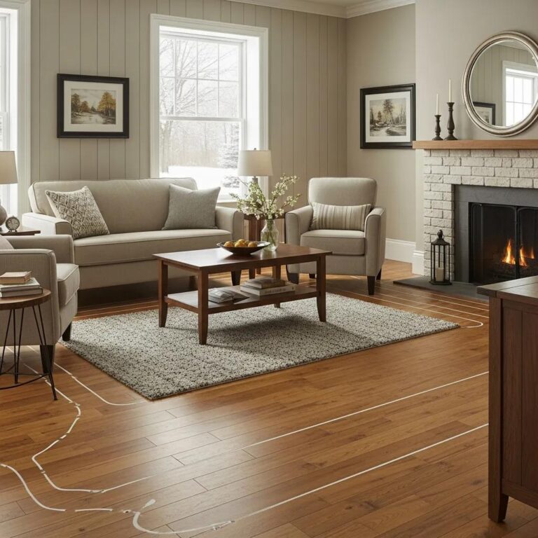 Cozy living room with radiant floor heating showcasing warmth and comfort