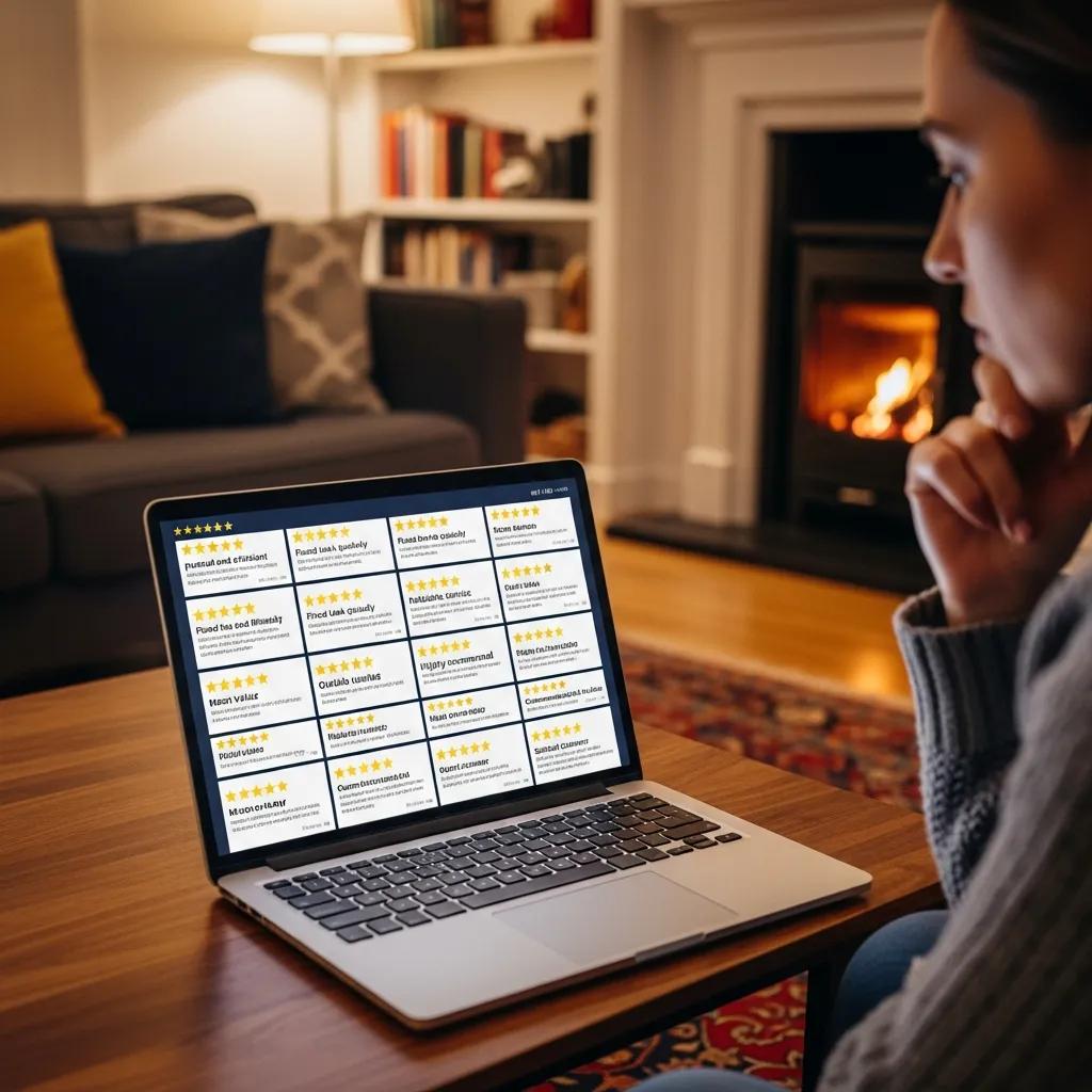 A laptop screen showing customer reviews and testimonial photos, emphasizing feedback