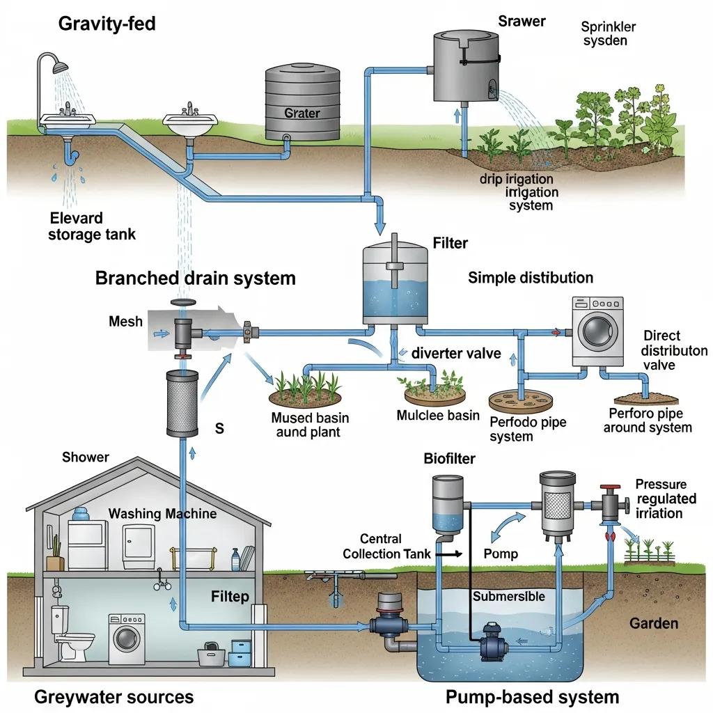Diagram illustrating different types of greywater recycling systems for homes, including gravity-fed, branched drain, and pump-based systems, showcasing water flow from household sources to irrigation and toilet flushing applications.