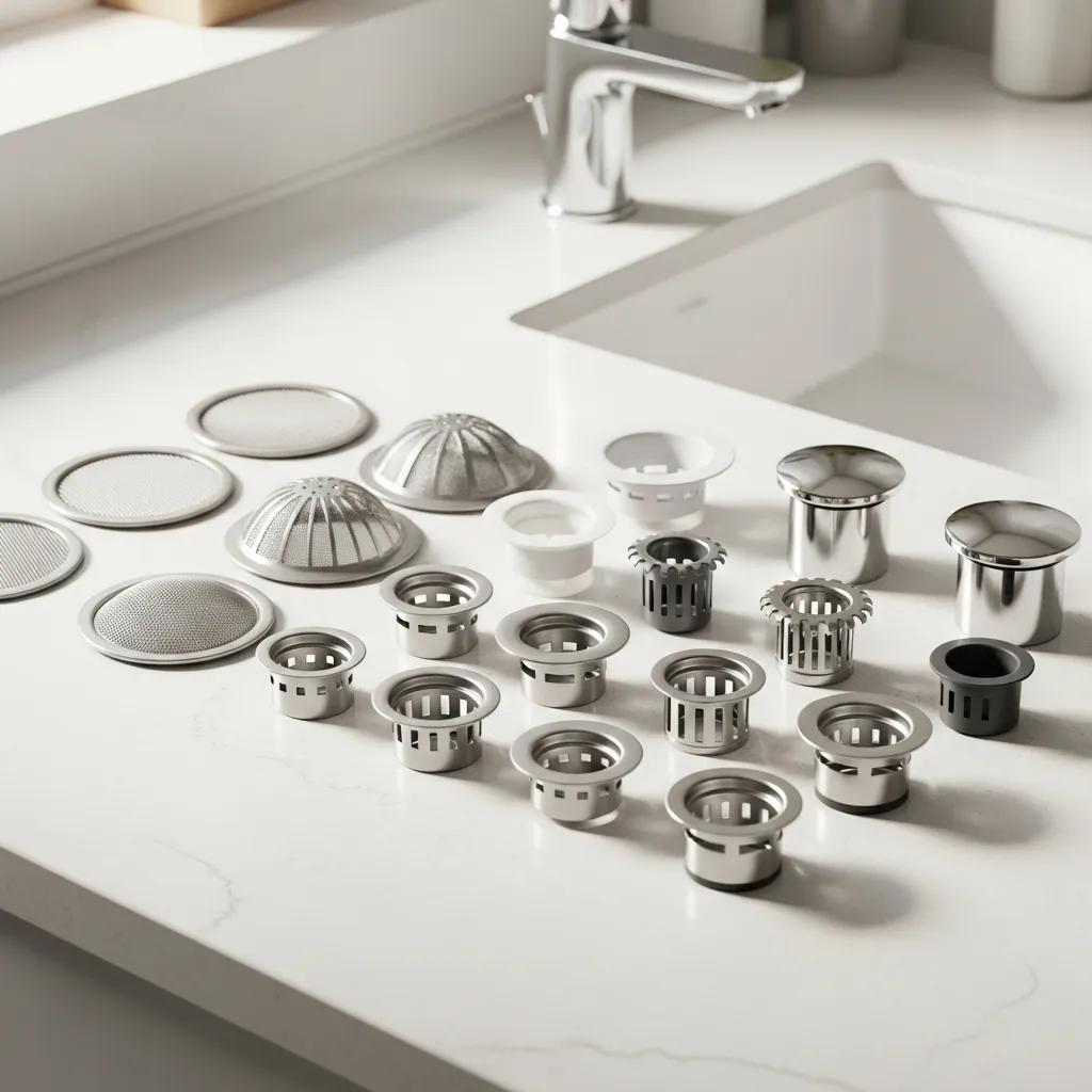 Different types of hair catchers displayed on a bathroom countertop, including in-drain traps, over-drain strainers, and pop-up compatible covers, illustrating options for preventing hair clogs in plumbing systems.