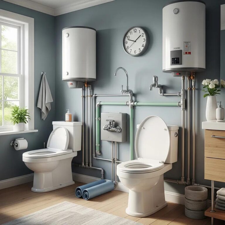 Eco-friendly plumbing fixtures and systems in a modern home, highlighting sustainability and water conservation