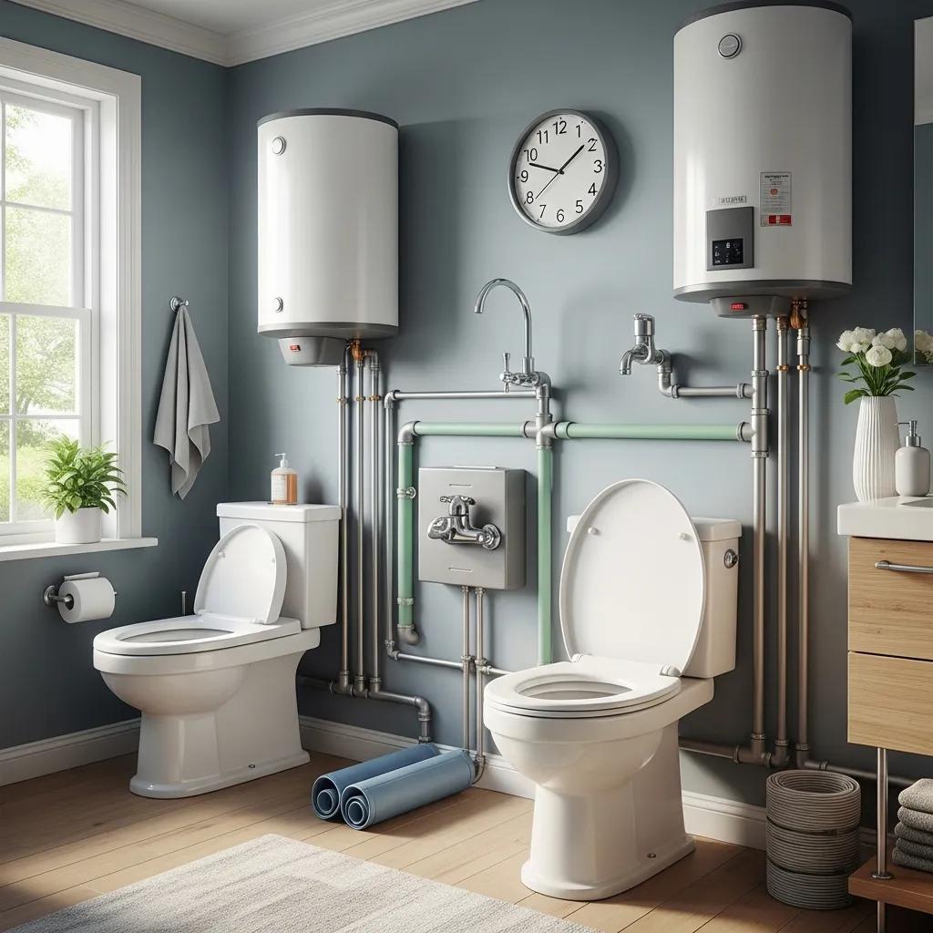 Eco-friendly plumbing fixtures and systems in a modern home, highlighting sustainability and water conservation