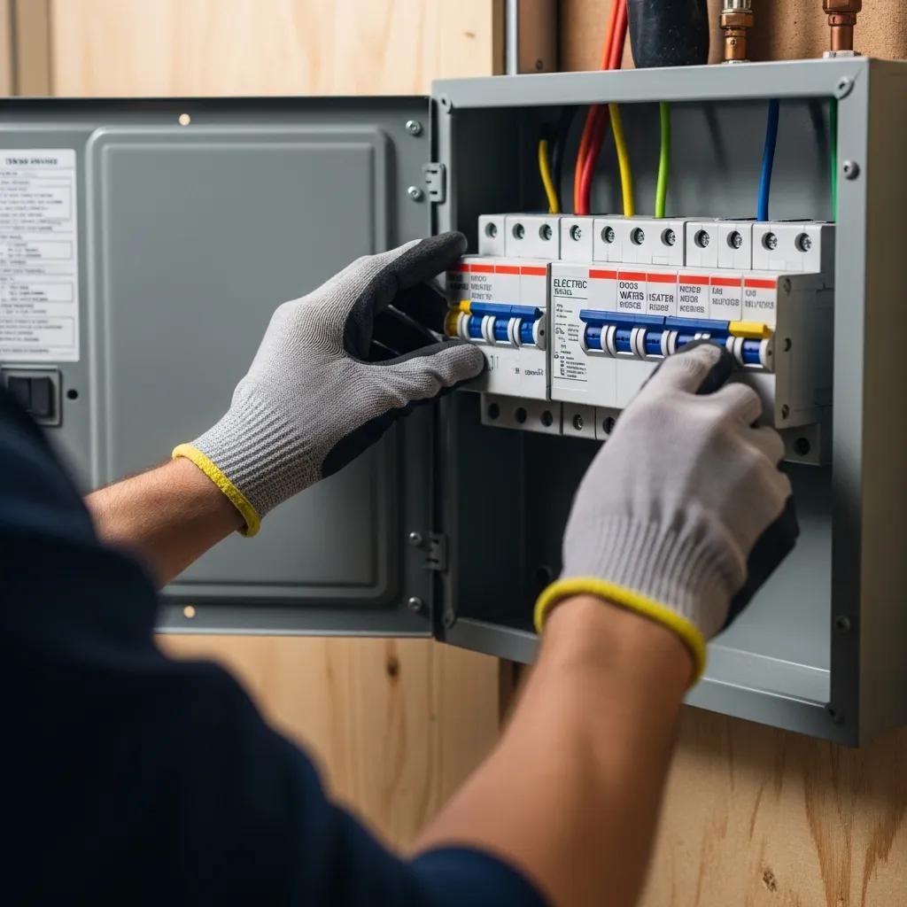 Electrician checking a breaker labeled for a water heater in a basement