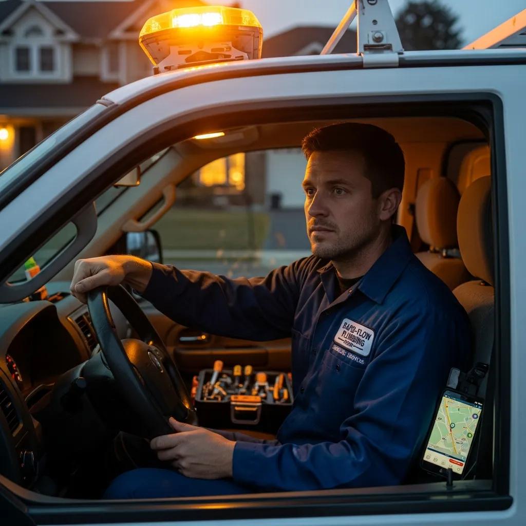 Emergency plumber in service vehicle, focused on navigation with tools visible, showcasing urgent plumbing response in Grosse Pointe.