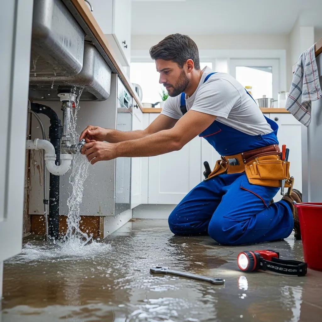 Emergency plumber kneeling on flooded kitchen floor, shutting off water supply under sink, demonstrating urgent leak repair services for residential plumbing.