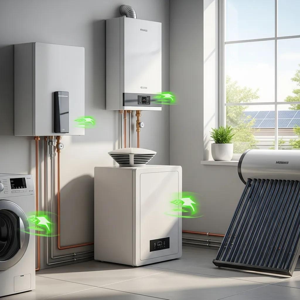 Tankless and heat pump water heaters installed in a contemporary utility room, showcasing energy efficiency