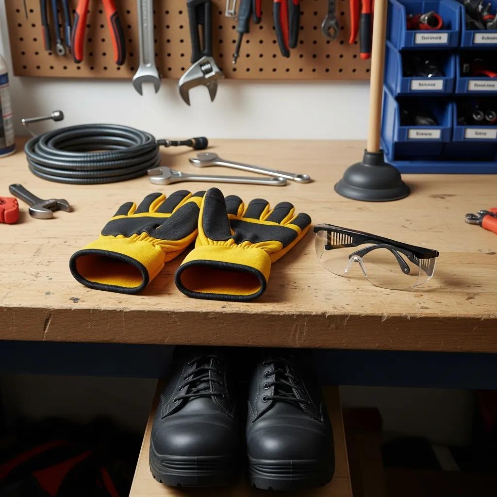 Heavy-duty gloves and safety glasses on a workbench with plumbing tools, emphasizing essential safety gear for using a drain snake.