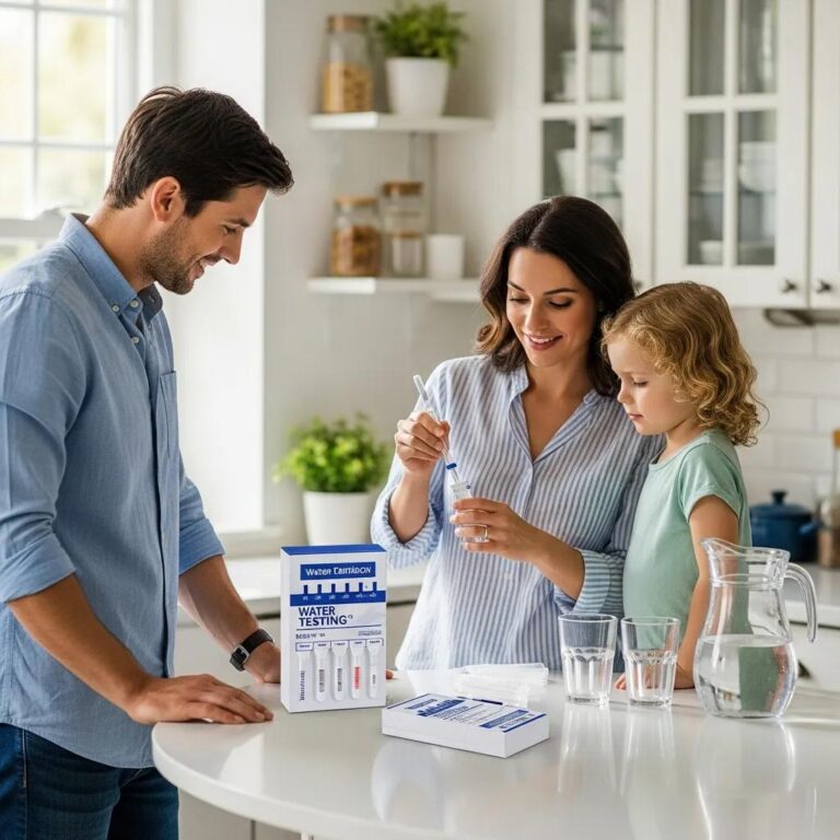 Family engaged in home water testing in a bright kitchen, highlighting the importance of water quality