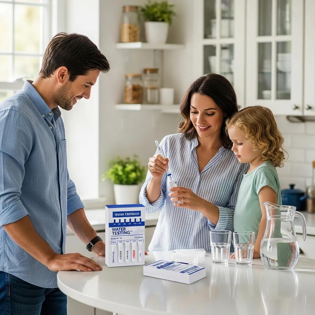 Family engaged in home water testing in a bright kitchen, highlighting the importance of water quality