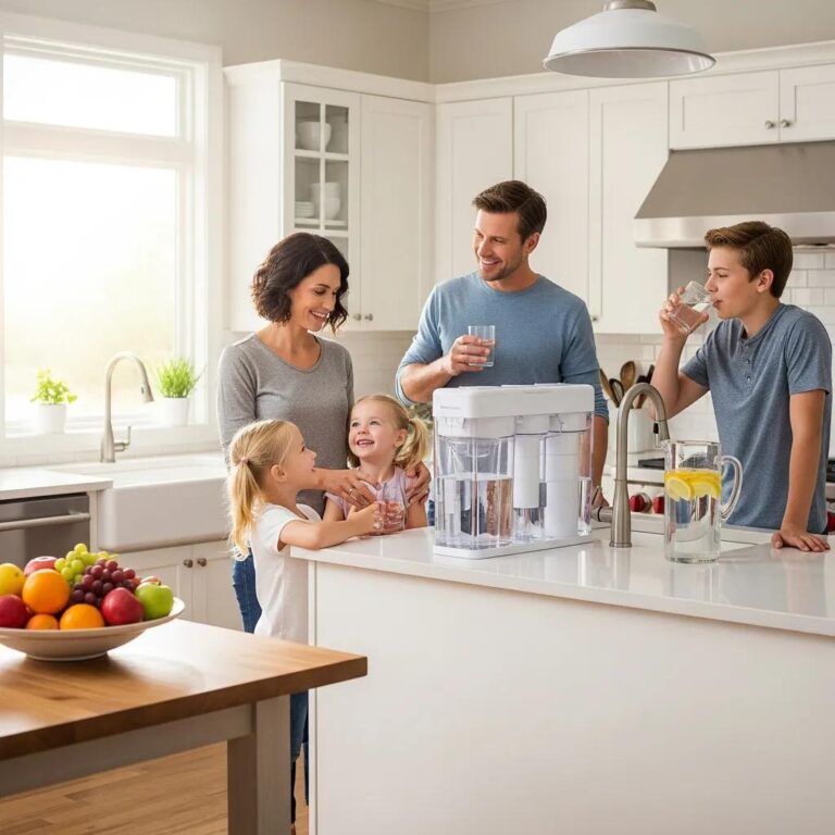 Family enjoying safe drinking water in a bright kitchen, highlighting the importance of water quality