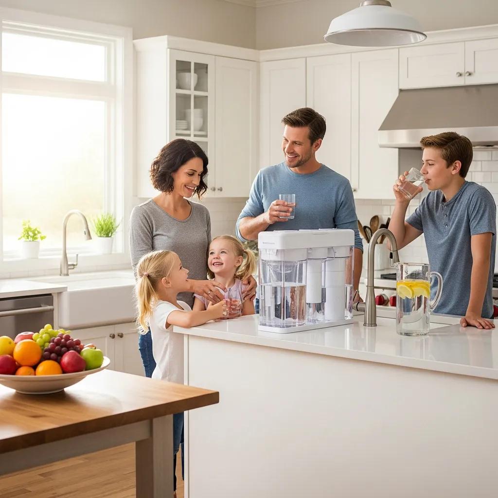 Family enjoying safe drinking water in a bright kitchen, highlighting the importance of water quality