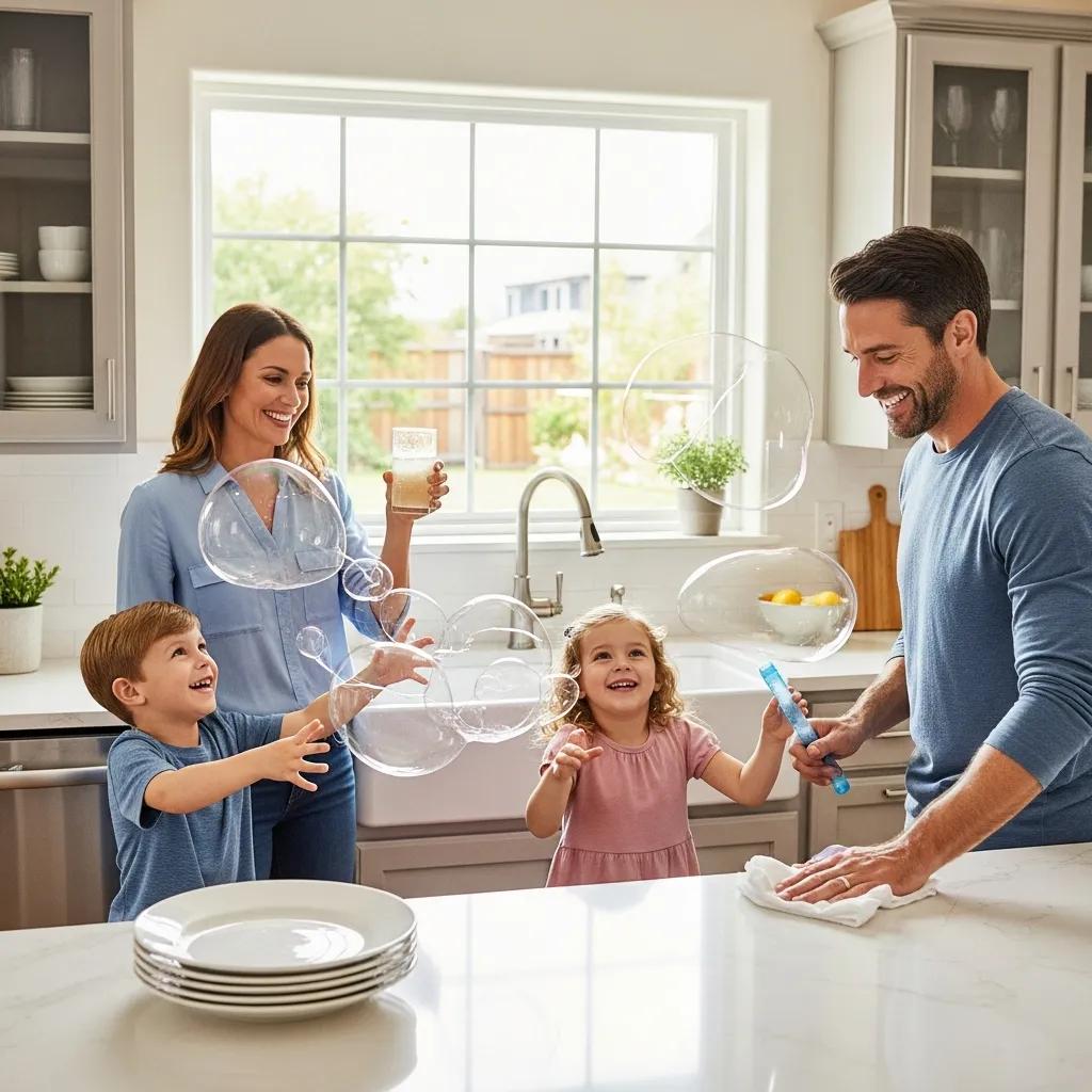 Family enjoying soft water benefits in a bright kitchen, with a mother holding a glass of water, children playing with bubbles, and a father cleaning dishes, emphasizing improved water quality and family comfort.