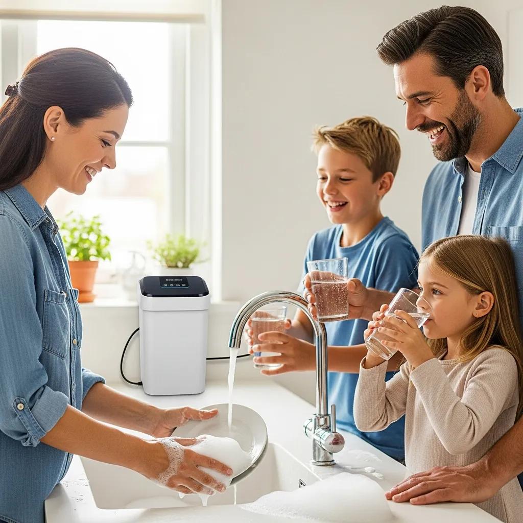 Family enjoying softened water at home, using a water softener system, with a woman washing dishes and children drinking clean water.