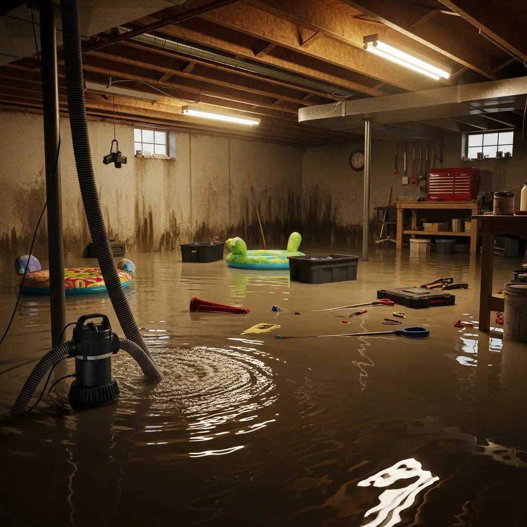 Basement with water intrusion illustrating the need for sump pump service
