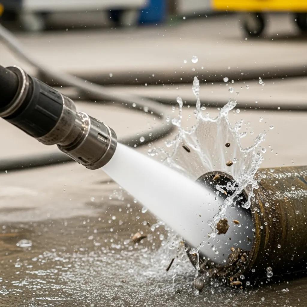 High-pressure hydro-jetting machine cleaning a drain pipe with water spray and debris, illustrating effective plumbing solutions by Frost & Kretsch in Grosse Pointe.