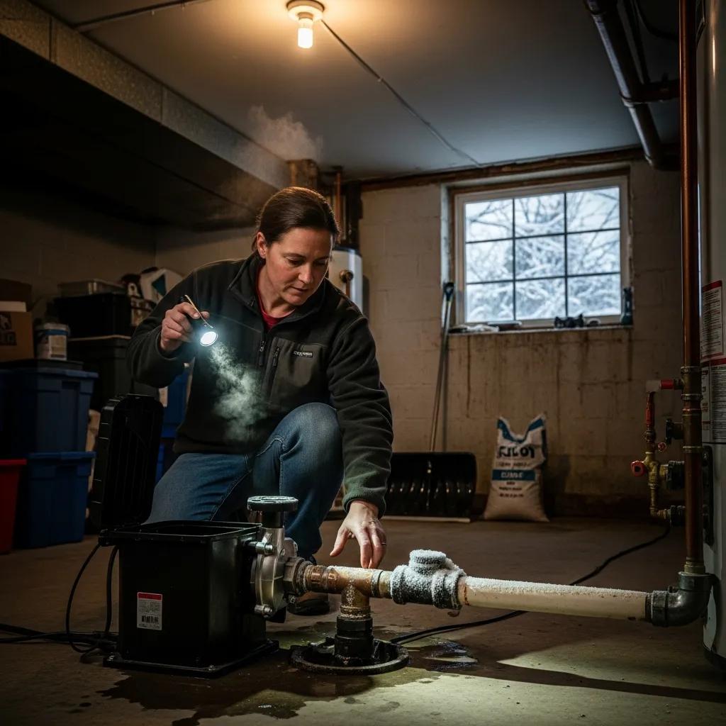 Homeowner inspecting a sump pump and checking for frozen pipes during winter to prevent emergencies