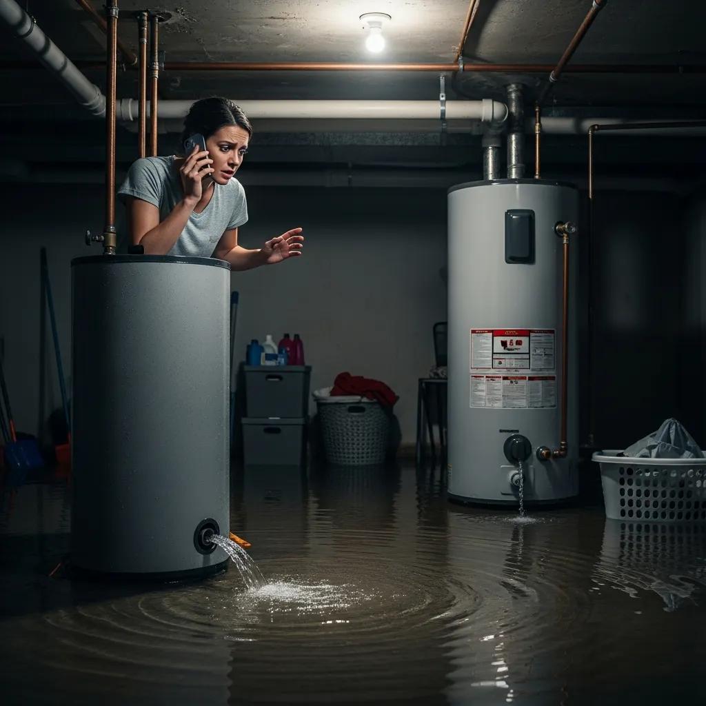 Homeowner dealing with a flooded water heater — a reminder to call emergency repair services right away