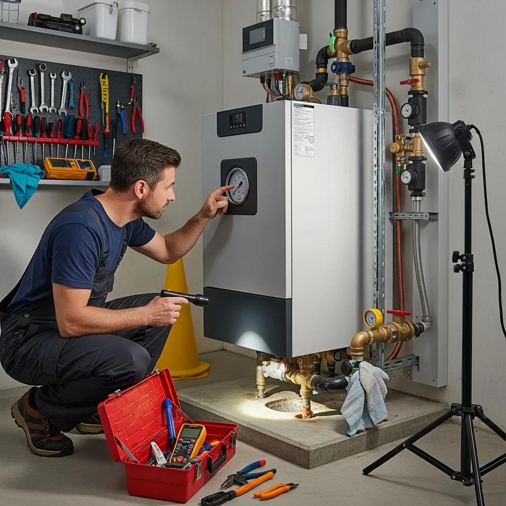 Homeowner inspecting hydronic heating boiler pressure gauge with tools nearby, emphasizing maintenance checks for efficiency and safety.