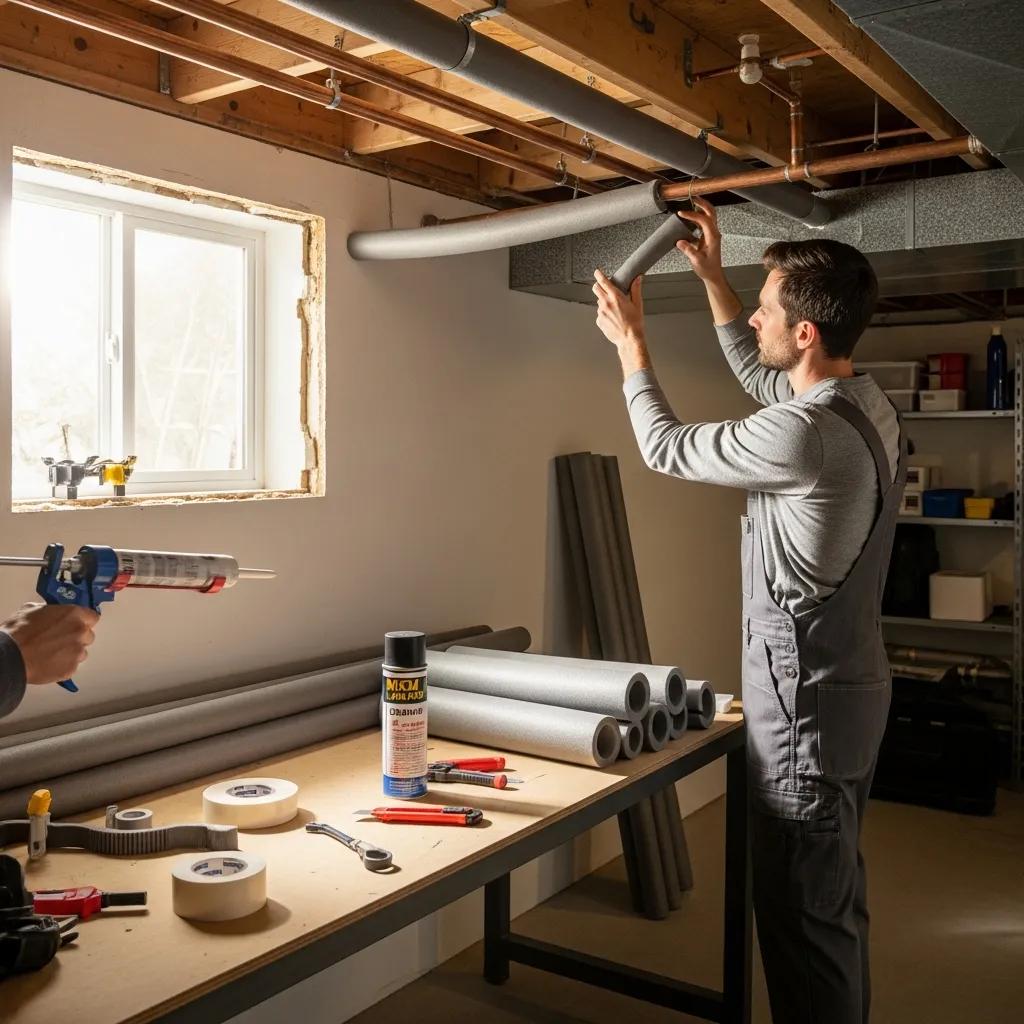 Homeowner insulating exposed pipes in a basement with foam pipe insulation to prevent burst pipes during winter.