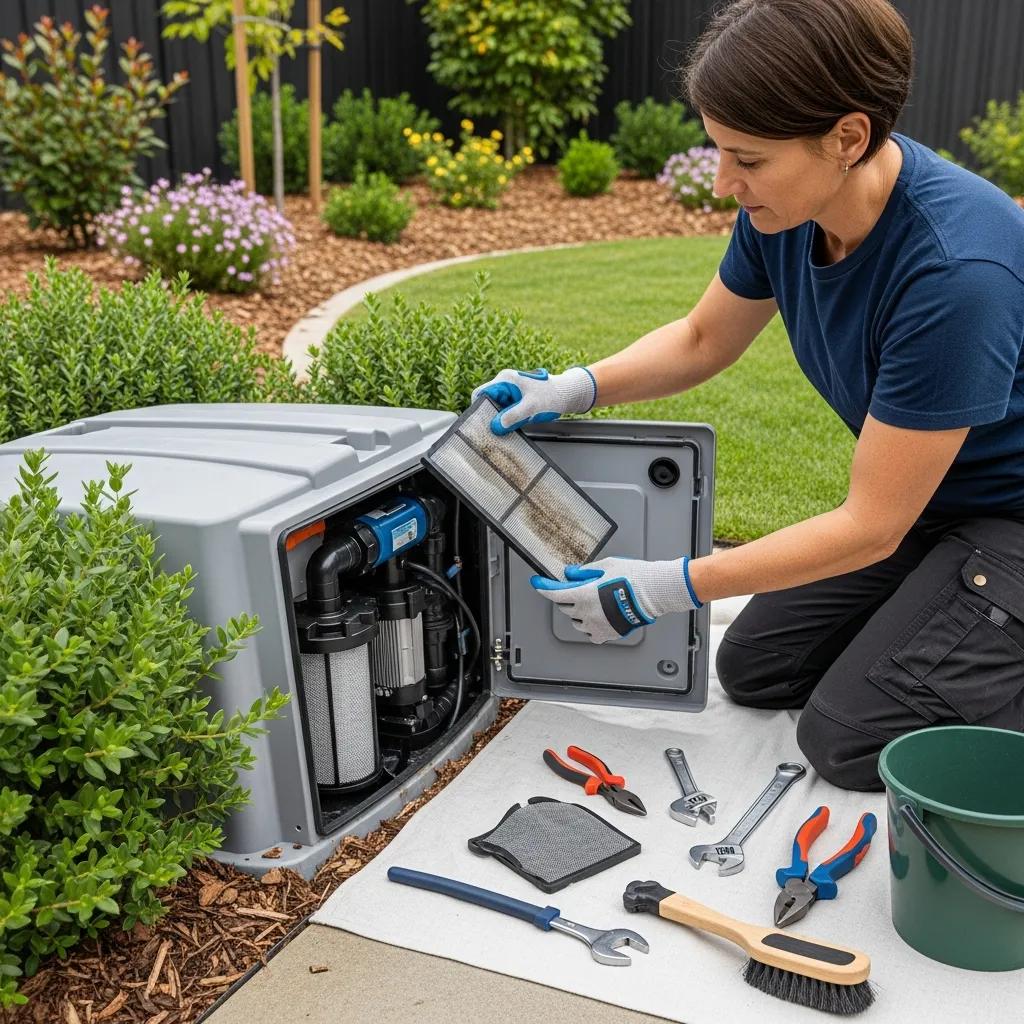 Homeowner maintaining a greywater recycling system, inspecting a filter, surrounded by tools and a green backyard landscape.