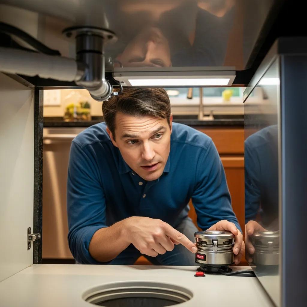 Man troubleshooting a garbage disposal under a kitchen sink, pointing at the reset button on the unit, with kitchen setting in the background.