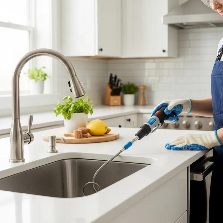 Homeowner using a drain snake in a kitchen sink to clear a clog