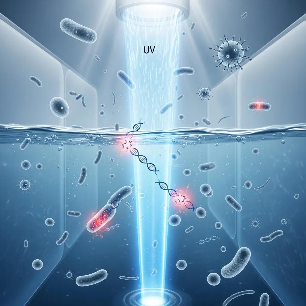 Illustration of UV light inactivating waterborne pathogens, showing microorganisms and damaged DNA strands in a water purification process.