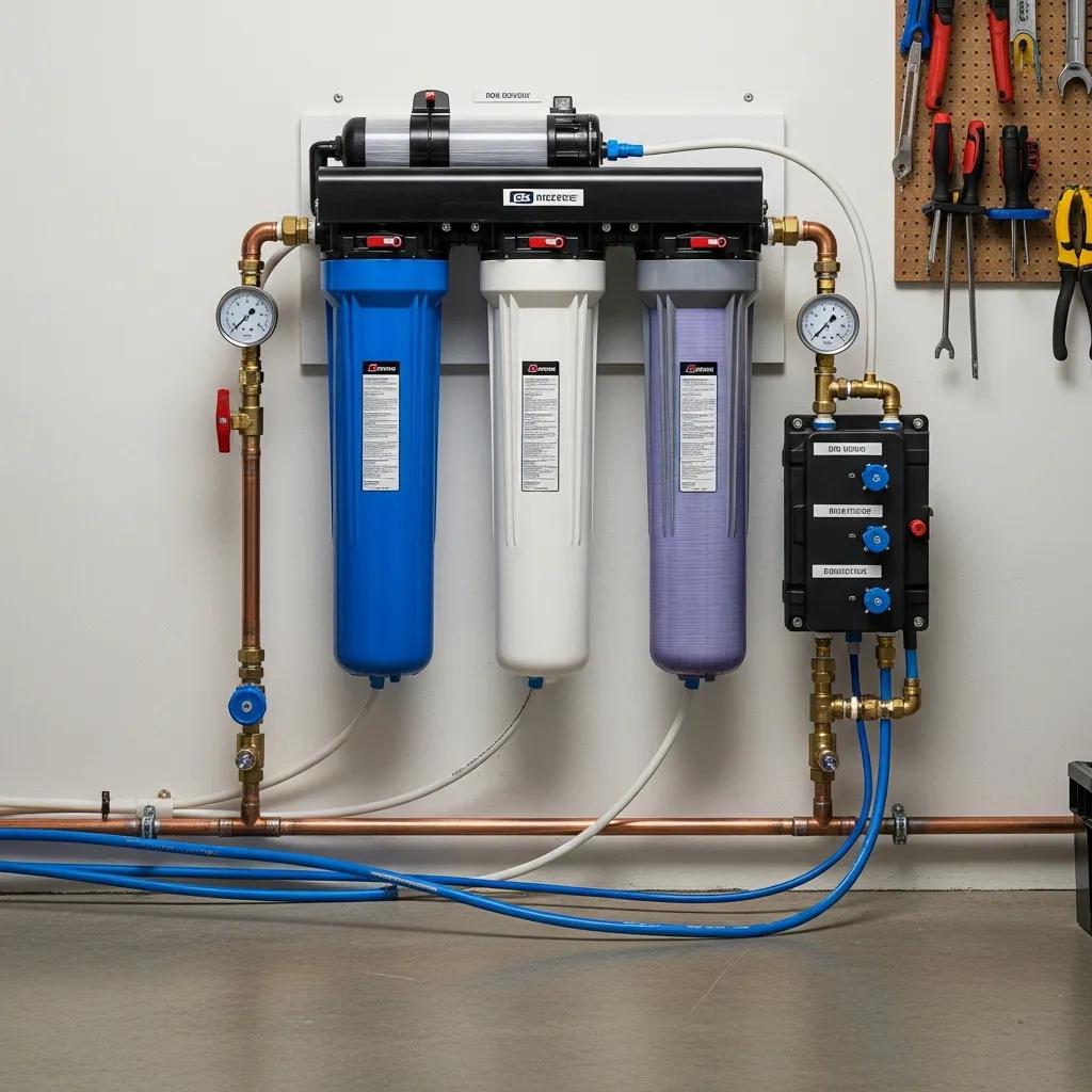 Whole-house water filtration system installed on a wall, featuring three filter canisters in blue, white, and purple, with pressure gauge and plumbing connections, illustrating comprehensive water treatment for safe drinking water.